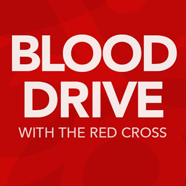 A red graphic that says Blood Drive with the Red Cross.